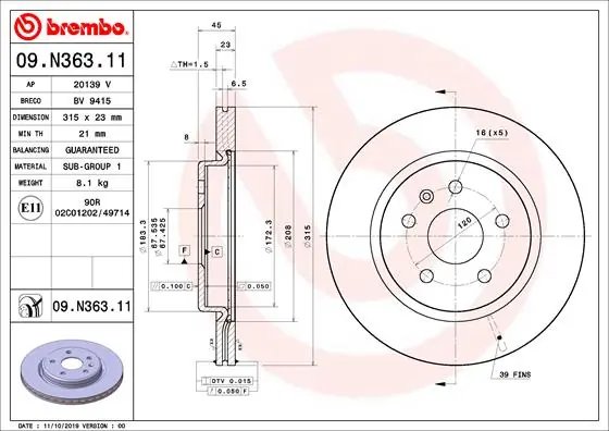 DISC FRANA BREMBO 09.N363.11 - Compatibil cu BUICK (SGM), CADILLAC (SGM), OPEL, VAUXHALL