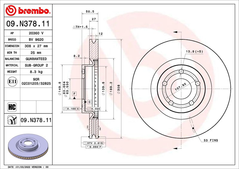 DISC FRANA BREMBO 09.N378.11 - Compatibil cu FORD
