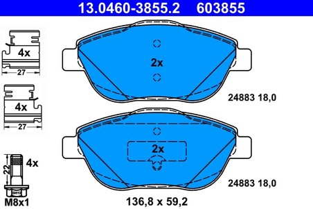 SET PLACUTE FRANA ATE 13.0460-3855.2 - Compatibil cu CITROEN, DS, OPEL, PEUGEOT, VAUXHALL