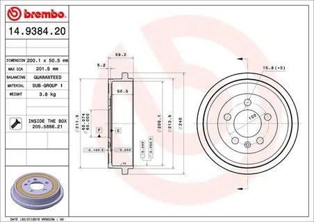 TAMBUR FRANA BREMBO 14.9384.20 - Compatibil cu AUDI, SEAT, SKODA, SKODA (SVW), VW