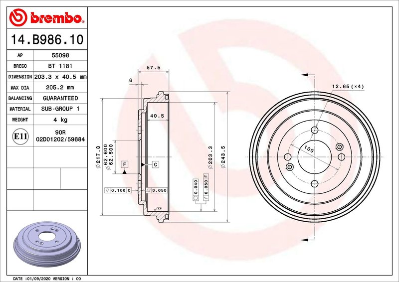 TAMBUR FRANA BREMBO 14.B986.10 - Compatibil cu HYUNDAI, KIA