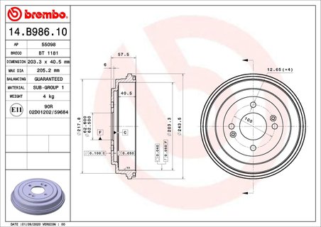 TAMBUR FRANA BREMBO 14.B986.10 - Compatibil cu HYUNDAI, KIA
