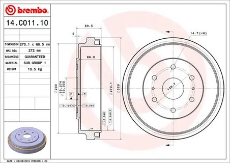 TAMBUR FRANA BREMBO 14.C011.10 - Compatibil cu TOYOTA