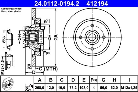 DISC FRANA ATE 24.0112-0194.2 - Compatibil cu CITROEN, DS, PEUGEOT