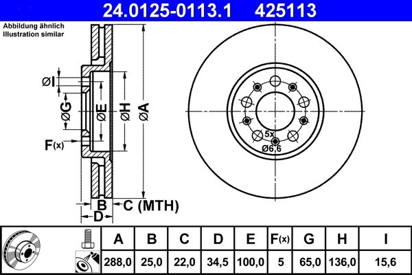 DISC FRANA ATE 24.0125-0113.1 - Compatibil cu AUDI, SEAT, SKODA, VW