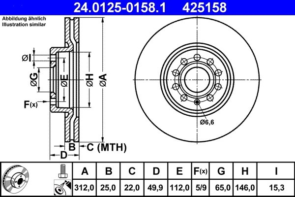 DISC FRANA ATE 24.0125-0158.1 - Compatibil cu AUDI, CUPRA, SEAT, SKODA, VW