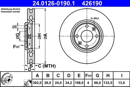 DISC FRANA ATE 24.0126-0190.1 - Compatibil cu CITROEN, DS, PEUGEOT