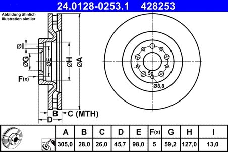 DISC FRANA ATE 24.0128-0253.1 - Compatibil cu FIAT, OPEL, VAUXHALL