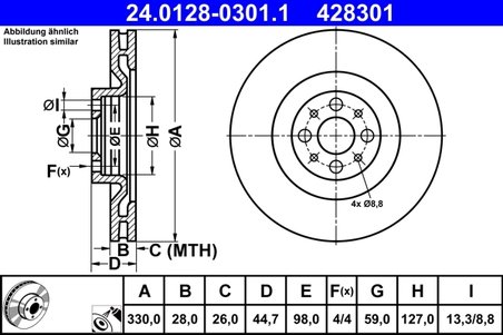 DISC FRANA ATE 24.0128-0301.1 - Compatibil cu LANCIA