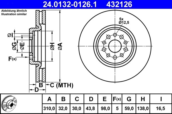 DISC FRANA ATE 24.0132-0126.1 - Compatibil cu CITROEN, FIAT, LANCIA, PEUGEOT