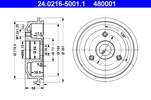 TAMBUR FRANA ATE 24.0216-5001.1 - Compatibil cu CITROEN, PEUGEOT