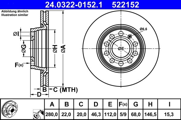 DISC FRANA ATE 24.0322-0152.1 - Compatibil cu AUDI, SEAT, VW