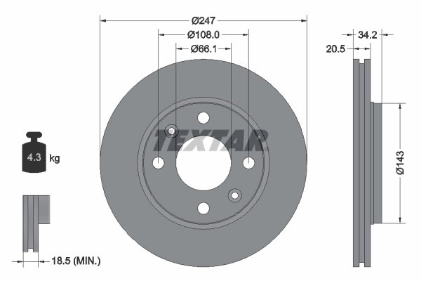 DISC FRANA TEXTAR 92043103 - Compatibil cu CITROEN, CITROEN (DF-PSA), LIFAN, MAPLE (SMA), MEGA, NAZA, PEUGEOT, PEUGEOT (DF-PSA)