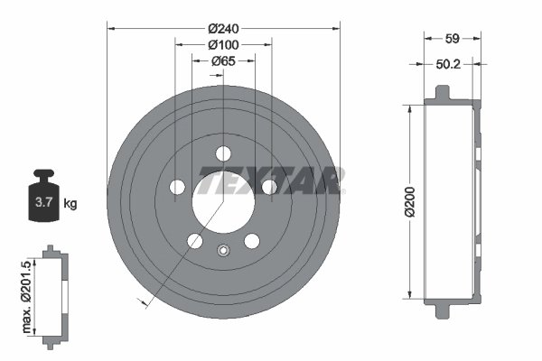 TAMBUR FRANA TEXTAR 94023800 - Compatibil cu AUDI, SEAT, SKODA, SKODA (SVW), VW, VW (SVW)