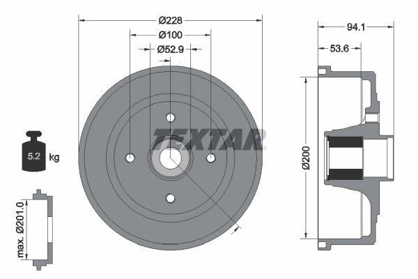 TAMBUR FRANA TEXTAR 94041100 - Compatibil cu HOLDEN, OPEL, VAUXHALL