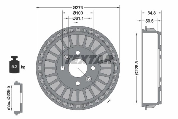 TAMBUR FRANA TEXTAR 94046100 - Compatibil cu RENAULT, SMART
