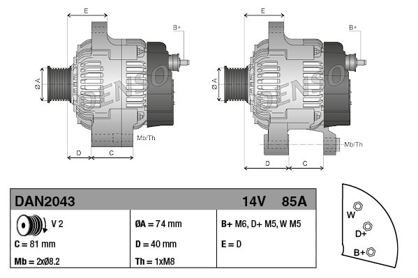 ALTERNATOR DENSO DAN2043 - Compatibil cu ARMATRAC, BASAK, HATTAT, KIOTI, LANDINI, MASSEY FERGUSON, MCCORMICK