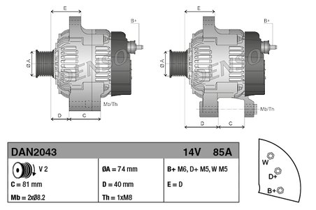 ALTERNATOR DENSO DAN2043 - Compatibil cu ARMATRAC, BASAK, HATTAT, KIOTI, LANDINI, MASSEY FERGUSON, MCCORMICK