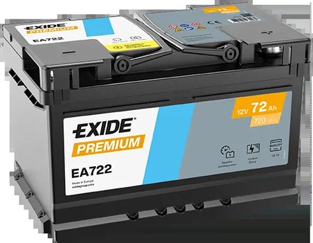 BATERIE DE PORNIRE EXIDE EA722 - Compatibil cu ALFA ROMEO, AUDI, AUSTIN, BENTLEY, BMW, CADILLAC, CHEVROLET, CITROEN, FERRARI, FO