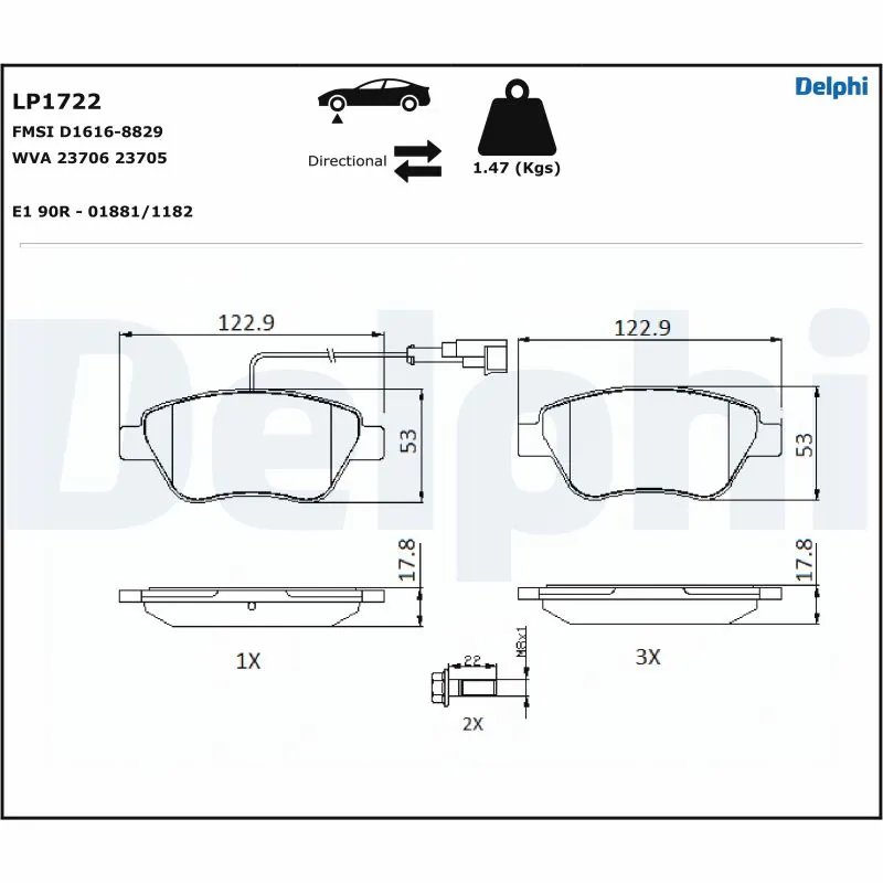 SET PLACUTE FRANA DELPHI LP1722 - Compatibil cu ABARTH, ALFA ROMEO, CITROEN, FIAT, LANCIA, PEUGEOT