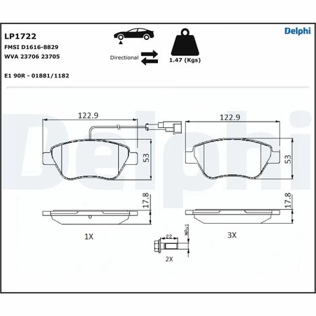 SET PLACUTE FRANA DELPHI LP1722 - Compatibil cu ABARTH, ALFA ROMEO, CITROEN, FIAT, LANCIA, PEUGEOT