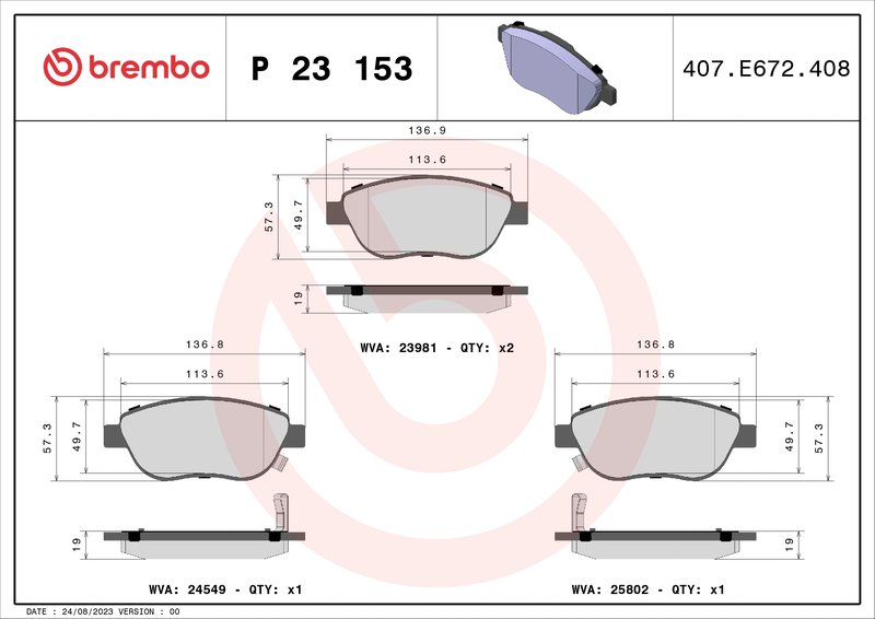 SET PLACUTE FRANA BREMBO P 23 153 - Compatibil cu FIAT