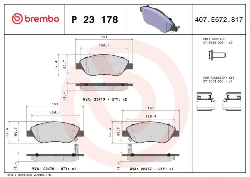 SET PLACUTE FRANA BREMBO P 23 178 - Compatibil cu FIAT