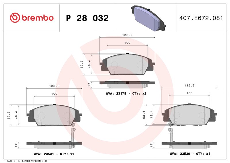 SET PLACUTE FRANA BREMBO P 28 032 - Compatibil cu ACURA, HONDA