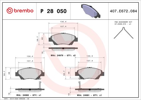 SET PLACUTE FRANA BREMBO P 28 050 - Compatibil cu HONDA, HONDA (DONGFENG), HONDA (GAC)