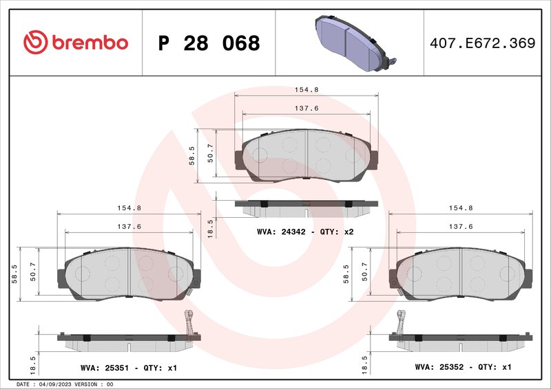 SET PLACUTE FRANA BREMBO P 28 068 - Compatibil cu ACURA, ACURA (GAC), AEOLUS, BAIC HUANSU, CHANGAN, GEELY, GREAT WALL, HAVAL, HO