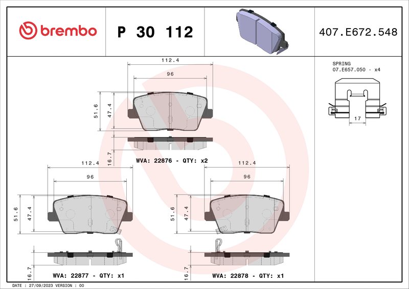 Set placute frana Brembo P 30 112