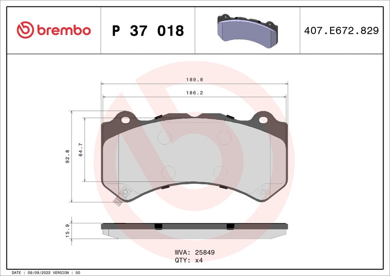 SET PLACUTE FRANA BREMBO P 37 018 - Compatibil cu BYD, CADILLAC, CHEVROLET, DENZA, DODGE, JEEP, LEXUS, NISSAN