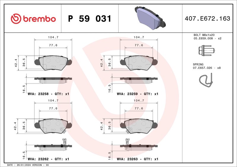 SET PLACUTE FRANA BREMBO P 59 031 - Compatibil cu CHEVROLET, HOLDEN, OPEL, VAUXHALL
