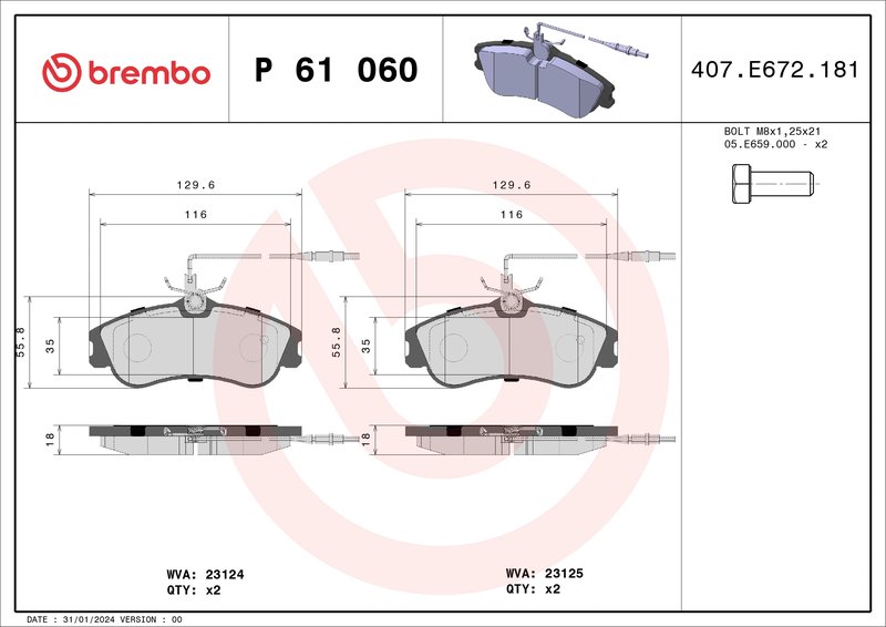 SET PLACUTE FRANA BREMBO P 61 060 - Compatibil cu CITROEN, PEUGEOT