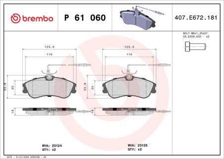 SET PLACUTE FRANA BREMBO P 61 060 - Compatibil cu CITROEN, PEUGEOT