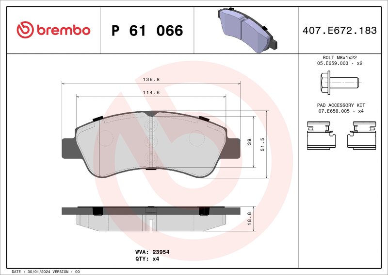 SET PLACUTE FRANA BREMBO P 61 066 - Compatibil cu CITROEN, CITROEN (DF-PSA), DS, FENGSHEN, OPEL, PEUGEOT, PEUGEOT (DF-PSA), VAUX