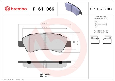 SET PLACUTE FRANA BREMBO P 61 066 - Compatibil cu CITROEN, CITROEN (DF-PSA), DS, FENGSHEN, OPEL, PEUGEOT, PEUGEOT (DF-PSA), VAUX