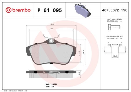 SET PLACUTE FRANA BREMBO P 61 095 - Compatibil cu CITROEN, FIAT, PEUGEOT, TOYOTA