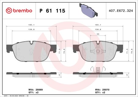 SET PLACUTE FRANA BREMBO P 61 115 - Compatibil cu CITROEN, DS, DS (CAPSA), PEUGEOT