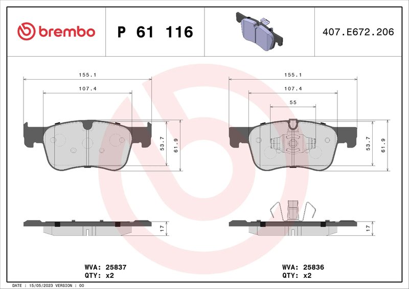 SET PLACUTE FRANA BREMBO P 61 116 - Compatibil cu CITROEN, FIAT, OPEL, PEUGEOT, TOYOTA, VAUXHALL