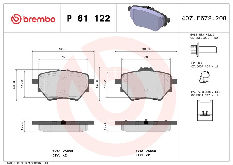SET PLACUTE FRANA BREMBO P 61 122 - Compatibil cu BYD, CITROEN, CITROEN (DF-PSA), DS, DS (CAPSA), FENGXING, FIAT, FORD (JMC), GA