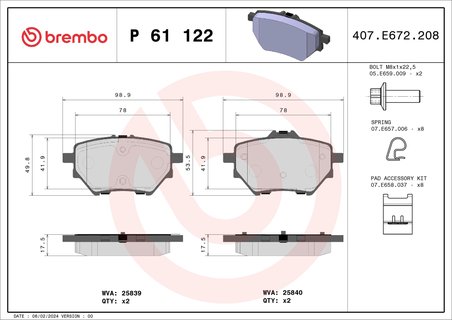 SET PLACUTE FRANA BREMBO P 61 122 - Compatibil cu BYD, CITROEN, CITROEN (DF-PSA), DS, DS (CAPSA), FENGXING, FIAT, FORD (JMC), GA