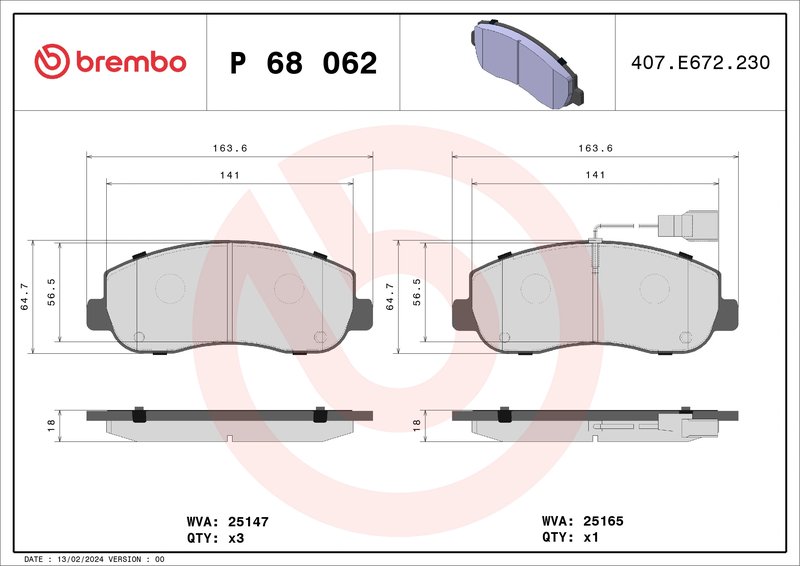 SET PLACUTE FRANA BREMBO P 68 062 - Compatibil cu NISSAN, OPEL, RENAULT, VAUXHALL