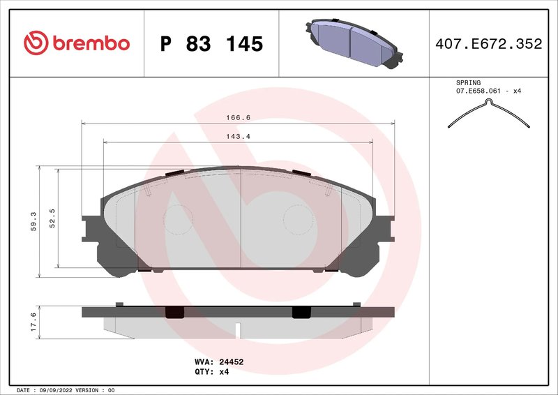SET PLACUTE FRANA BREMBO P 83 145 - Compatibil cu DAIHATSU, LEXUS, SUBARU, TOYOTA, TOYOTA (GAC)