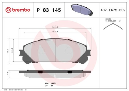 SET PLACUTE FRANA BREMBO P 83 145 - Compatibil cu DAIHATSU, LEXUS, SUBARU, TOYOTA, TOYOTA (GAC)
