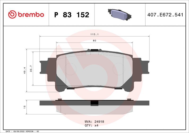 SET PLACUTE FRANA BREMBO P 83 152 - Compatibil cu LEXUS, TOYOTA, TOYOTA (GAC)