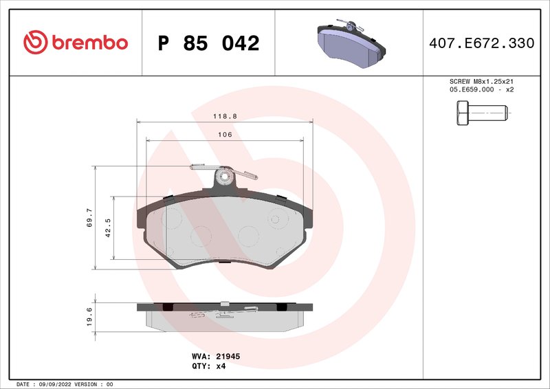 SET PLACUTE FRANA BREMBO P 85 042 - Compatibil cu AUDI, VW