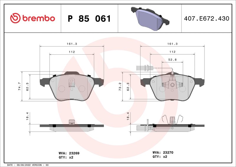 SET PLACUTE FRANA BREMBO P 85 061 - Compatibil cu FORD, SEAT, VW