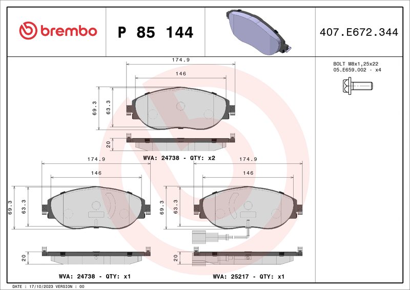 SET PLACUTE FRANA BREMBO P 85 144 - Compatibil cu AUDI, CUPRA, SEAT, SKODA, VW, VW (SVW)