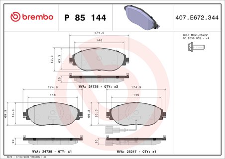 SET PLACUTE FRANA BREMBO P 85 144 - Compatibil cu AUDI, CUPRA, SEAT, SKODA, VW, VW (SVW)